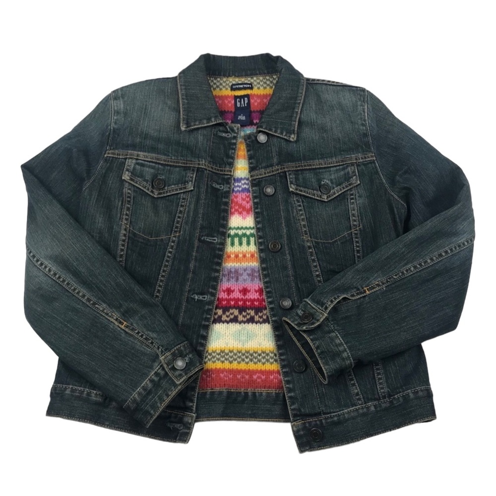 Vintage GAP Jean Jacket Fair Isle Wool Sweater Lining